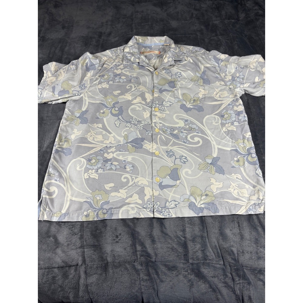 Tommy Bahama Mens XL Silk Short Sleeve Button Down Shirt Blue Floral Camp Shirt